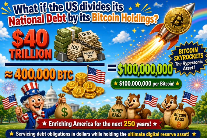 A colorful graphic asks "What if the US divides its National Debt by its Bitcoin Holdings?" illustrating a math equation of "$40 TRILLION" and "~400,000 BTC" equaling "$100,000,000", featuring Uncle Sam, the Capitol, and squirrels holding bags.