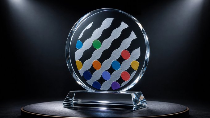 Crystal-glass award trophy featuring a colorful dot-pattern 'w' logo resembling the Worldcoin brand, displayed on a pedestal under spotlights.