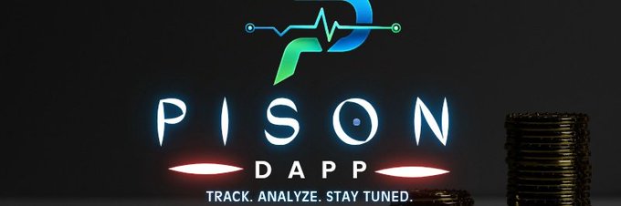 The image features a banner for a cryptocurrency called Pison Dapp, which is displayed against a black background. The banner includes text that reads "Pison Dapp" and "Focus on what is in the image and how it relates to the post". Additionally, there are two coins visible in the image - one gold coin and another silver coin.