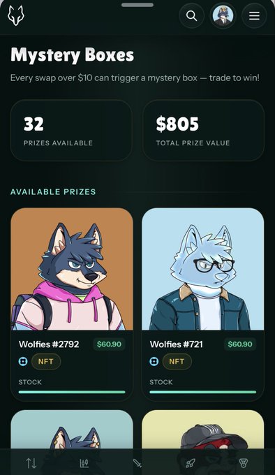 A mobile app screen titled 'Mystery Boxes' showing 32 prizes available with a total prize value of $805, featuring NFT character collectibles like 'Wolfies #2792' and 'Wolfies #721' priced at $60.90 each.