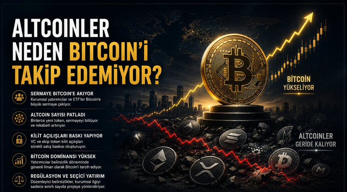 A Turkish infographic titled 'ALTCOINLER NEDEN BITCOIN'İ TAKİP EDEMİYOR?' explaining why altcoins cannot follow Bitcoin, listing factors like capital attraction, altcoin payment difficulty, KYC pressure, and Bitcoin dominance.