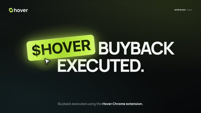 A promotional graphic with bold text reading '$HOVER BUYBACK EXECUTED' on a dark green background, noting it was done using the Hover Chrome extension.
