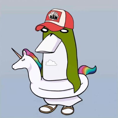 A cartoon Pepe the Frog wearing a red "USA MAGA" cap rides an inflatable white unicorn with a rainbow mane.