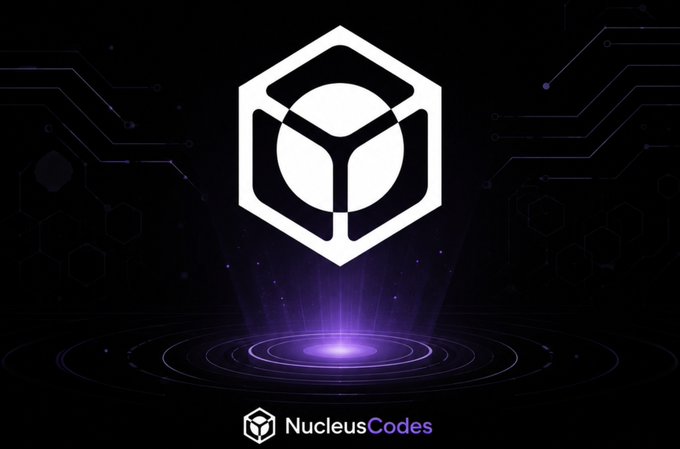A white hexagonal logo with "NucleusCodes" text below it, displayed on a dark background with purple lighting effects and digital circuit patterns.