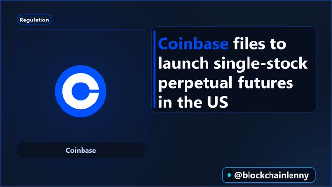 A news-style graphic with the Coinbase blue 'C' logo and the headline 'Coinbase files to launch single-stock perpetual futures in the US', credited to '@blockchainlenny'.