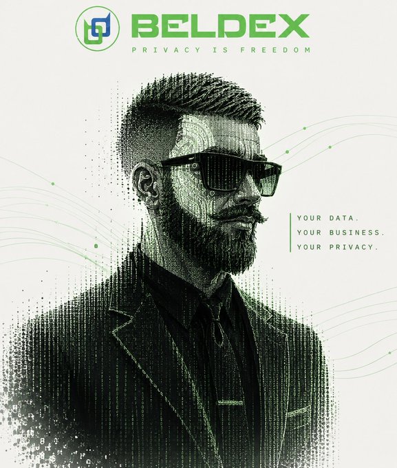 A promotional image for 'BELDEX' features the tagline 'PRIVACY IS FREEDOM', showing a bearded man in sunglasses with a digital, data-like disintegration effect and text reading 'YOUR DATA. YOUR BUSINESS. YOUR PRIVACY.'