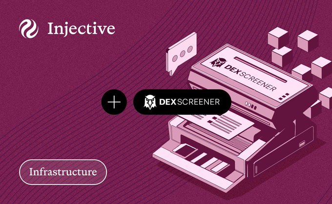 An Injective branded graphic with a purple background displays isometric illustrations of printers and blocks, featuring a 'DEXSCREENER' label and the word 'Infrastructure'.