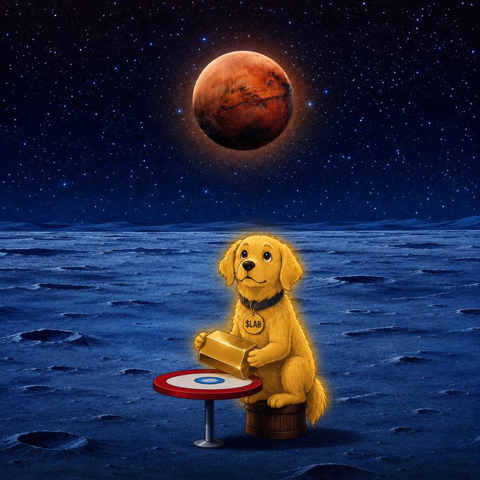 A surreal illustration of a golden retriever wearing a "SLAB" tag, sitting on a wooden barrel and holding a gold bar at a small table with a target logo, under a red moon on a moonlit, cratered landscape.