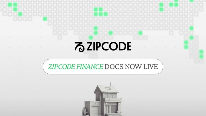 The image shows the Zipcode logo and text "ZIPCODE FINANCE DOCS NOW LIVE" displayed against a world map made of green pixelated dots, with a 3D illustration of a house at the bottom. It visually represents Zipcode Network's announcement of their financial infrastructure documentation going live, aligning with the post's message about bringing real-world assets like housing finance onchain to democratize credit access.