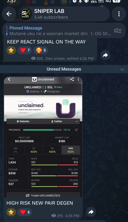 A screenshot of a Telegram channel called 'SNIPER LAB' with 3.4K subscribers showing cryptocurrency trading information including pinned messages and token statistics for 'UNCLAIMED/SOL'.