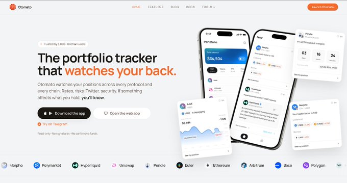 Screenshot of the Otomato website homepage featuring the tagline 'The portfolio tracker that watches your back' alongside images of the mobile app interface, with logos for Morpho, Polymarket, Hyperliquid, Uniswap, Pendle, EVM, Ethereum, Arbitrum, Base, and Polygon at the bottom.