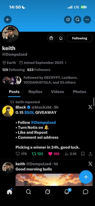 A screenshot of an X (Twitter) profile for 'keith' (@Dompu1sed), showing a reposted giveaway post offering '0.15 $SOL'.