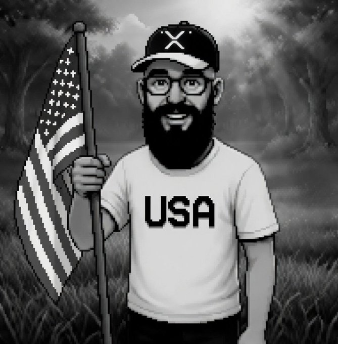 A black-and-white stylized illustration of a bearded man wearing glasses, a cap with an 'X' symbol, and a 'USA' t-shirt, holding an American flag in a wooded setting.