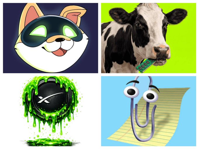 A 2x2 grid of meme-style images: a cartoon dog in VR goggles, a cow holding a RAM stick in its mouth, an XP logo covered in green slime, and a clip character looking at a sticky note.