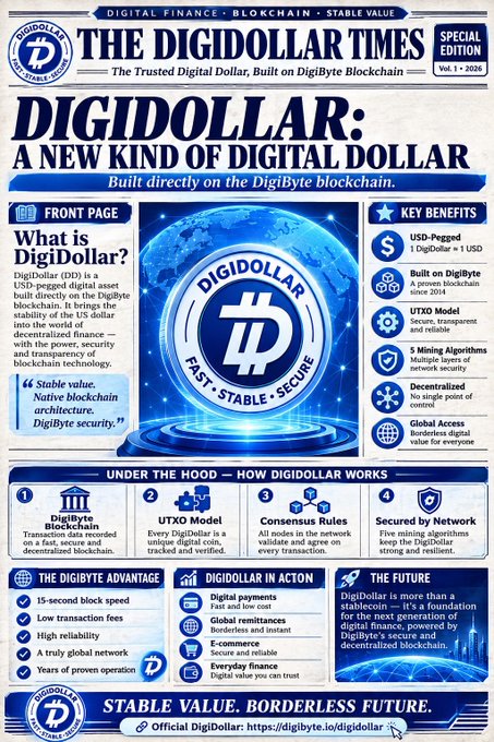A newspaper-style infographic titled 'THE DIGIDOLLAR TIMES' promoting DigiDollar (DD), a USD-pegged stablecoin built on the DigiByte blockchain, highlighting features like UTXO model, 5 mining algorithms, and decentralized finance.
