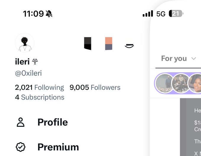 A screenshot of an X (formerly Twitter) profile menu for user "ileri" (@0xileri) showing **9,005 Followers** alongside the menu options "Profile" and "Premium." The image directly illustrates the post's celebration of hitting the 9k followers milestone on the platform.