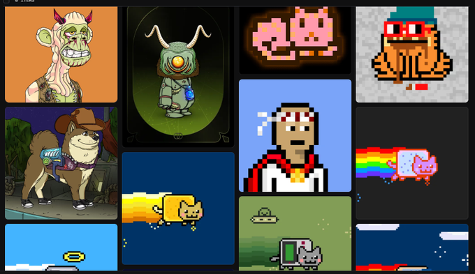 A collage featuring various pixel art and cartoon characters, including a dog with sunglasses, an alien-like figure, and Nyan Cat.