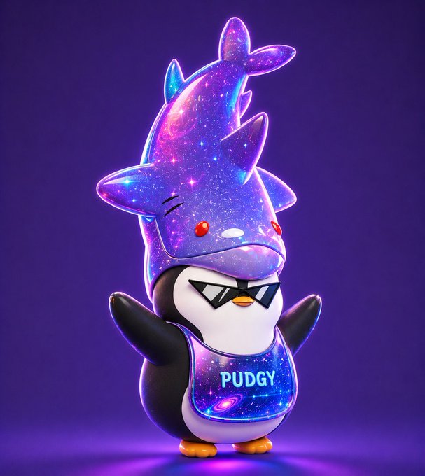 A 3D-rendered penguin character wearing a galaxy-patterned shark hoodie and a 'PUDGY' branded galaxy apron stands against a purple background.