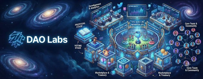 A colorful digital illustration depicting various DAO components like 'PROPOSAL STAGE', 'VOTING STAGE', and 'Marketplace & Treasury' with the 'DAO Labs' logo on the left, set against a cosmic background.