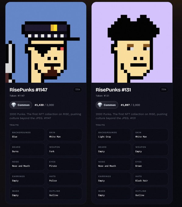 Two RisePunks NFT profile cards displayed side by side - 'RisePunks #1147' (1,430 points) with police hat, beard, and fork weapon traits, and 'RisePunks #131' (1,897 points) with black hair traits.