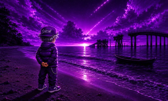 Anime-style digital artwork showing a character wearing a 'SNOW' cap standing on a beach, gazing at a purple sunset over the ocean with a pier and boat in view.
