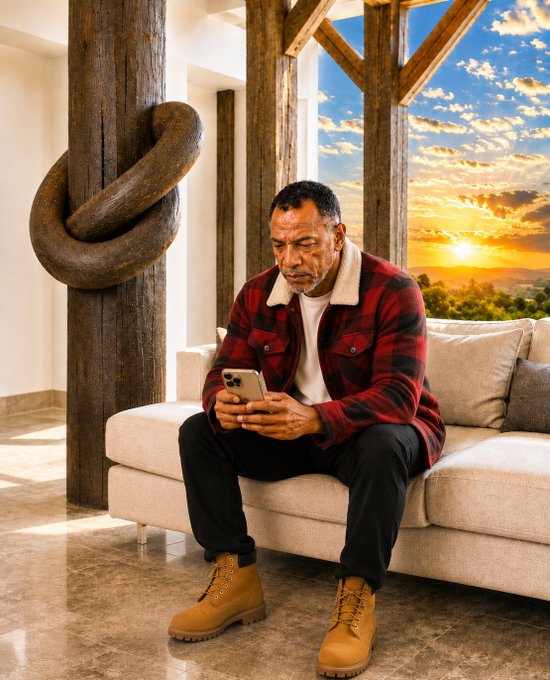 A man in a plaid flannel and work boots sits on a couch checking his phone, while a large knot sculpture and a sunset view frame the scene, visually reinforcing the caption's message of focusing on lasting impact over fleeting trends.