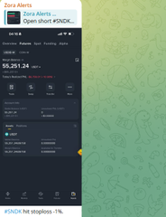 A mobile app screenshot displays a stock alert for 'Zora Alerts' with ticker 'SNDX', showing a price of $6.251.24 and a -1% change notification at the bottom.