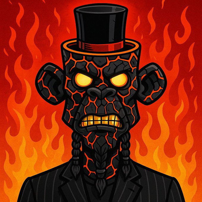 The image features a cartoon monkey wearing a top hat with a black and orange color scheme, standing against a backdrop of flames. The monkey appears to be dressed in a suit or jacket, which adds an element of formality to its appearance. The flames behind the monkey create a dramatic effect that contrasts with the monochrome figure. The image also contains text elements such as "Just minted my very first NFT on @tyrosmarket from @CronosArmy212 Empty Heads on $CRO They are looking to join #GameFi projects, so i will support tyrosstore/mint/launchpad".