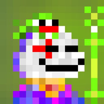 A heavily pixelated low-resolution image of a white dog or character wearing a purple outfit against a green background.