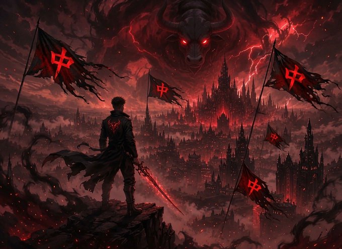 A hooded warrior stands atop a cliff, gazing out over a crimson, demon-haunted cityscape beneath a massive horned beast in the stormy sky, with black flags bearing the red Chinese character "中" fluttering throughout the scene—evoking the "ANSEM TIME HIGHS WILL BE GLORIOUS" sentiment of conquering a dark, imposing realm for monumental gains.