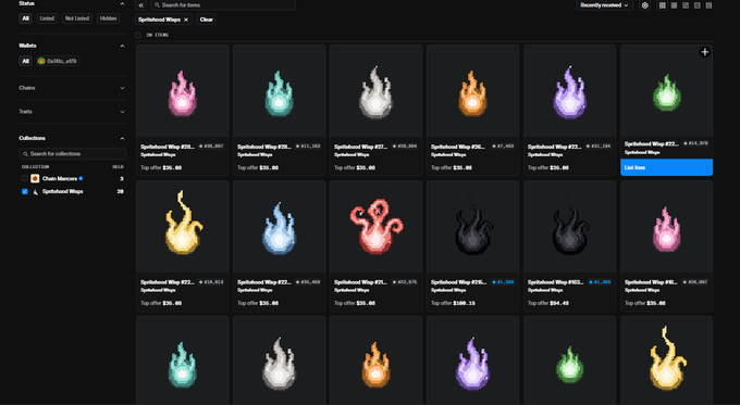 A digital art marketplace interface displays a collection called "Spritehood Wisps" featuring 18 visible items numbered #25 through #43, each priced at varying points (ranging from #22 to #37) with offer prices like $30.00, $30.08, $30.07, and $30.25, with the #37 item highlighted as "Live Now." The image relates to the post by showcasing the available Spritehood digital collectibles that the author successfully invested in during their early minting phase.