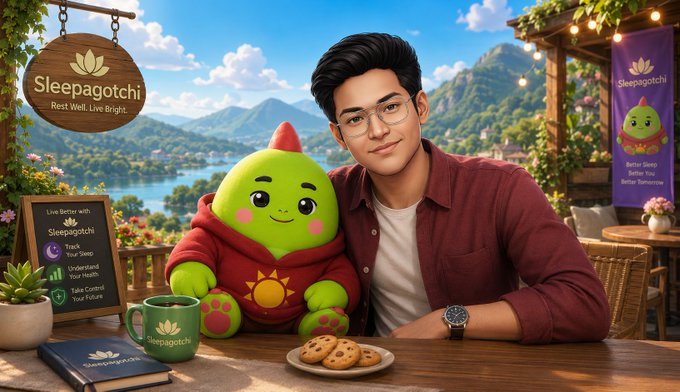 A promotional image for 'Sleepagotchi' featuring a green mascot character sitting next to a man in a red shirt at a table with cookies and a Sleepagotchi mug, with signage promising 'Rest Well, Live Bright.'