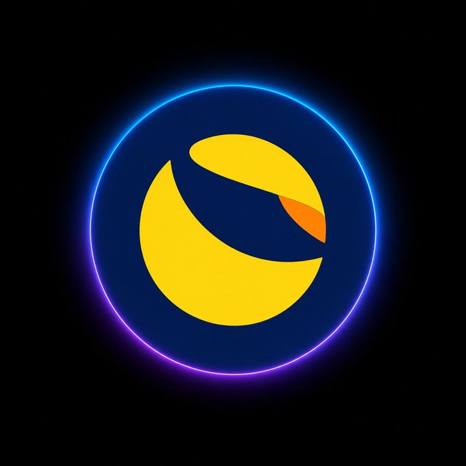 The image features a stylized logo with a yellow and orange crescent design encircled by a glowing blue and purple neon ring against a black background, representing the Terra Luna Classic ($LUNC) cryptocurrency branding.