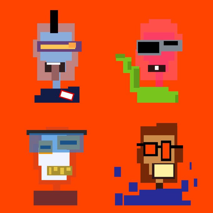 Pixel art featuring four characters on an orange background, including one with a mohawk and goggles, a pink figure with sunglasses smoking, a figure with a blue hat, and a person with glasses and a yellow mouth.