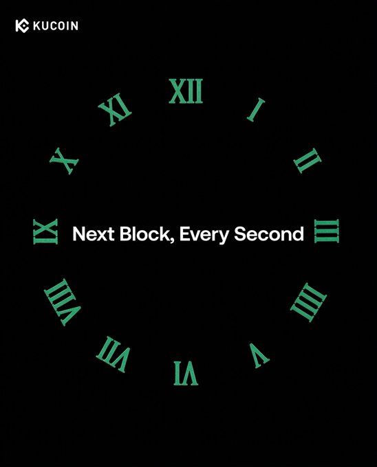 The image is a KuCoin promotional graphic featuring a clock face with Roman numerals on a black background, centered around the bold tagline "Next Block, Every Second," visually reinforcing the post's message about the relentless, second-by-second pace of the crypto market.