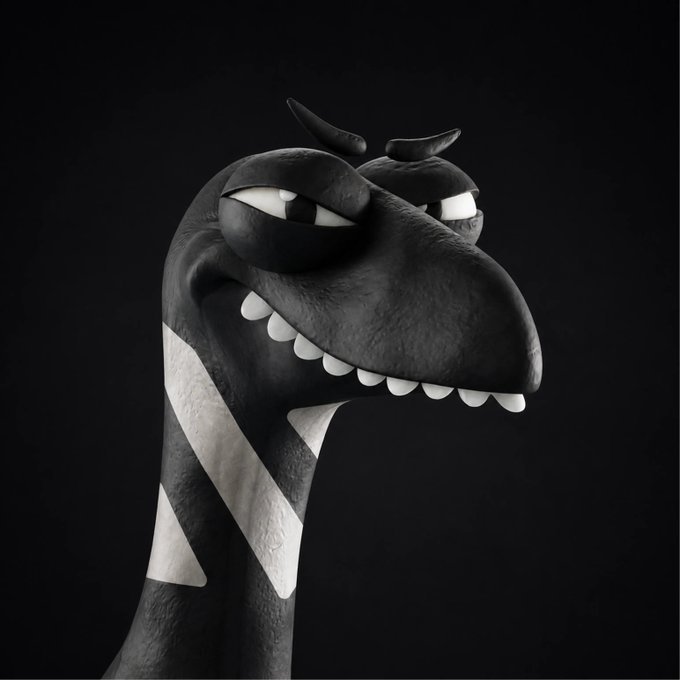 A 3D-rendered black creature with a long curved neck, white jagged teeth showing in a grin, striped white markings on its neck, and heavy-lidded eyes.