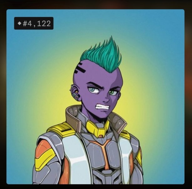 A digital illustration of a purple-skinned character with teal mohawk and futuristic armor, with the text '♦#4,122' in the upper left corner.