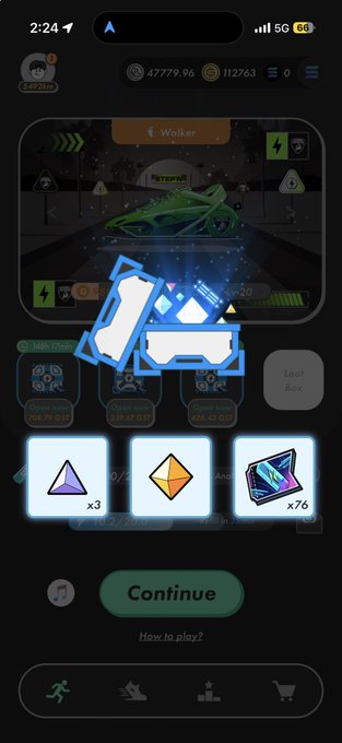A mobile game screen showing a 'Walker' shoe card with an open loot box animation and rewards including purple and orange gem fragments (x3 each) and sneaker cards (x76), with a 'Continue' button.