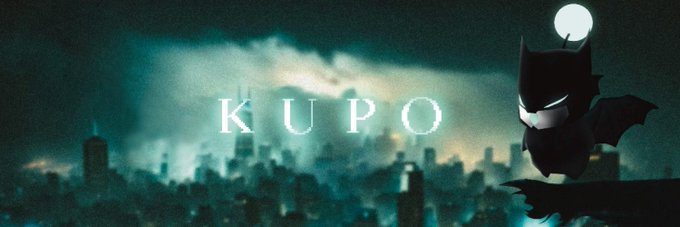 A stylized image showing the word 'KUPO' over a dark, cloudy cityscape, with a small Batman-like character perched on a ledge on the right side next to a full moon.