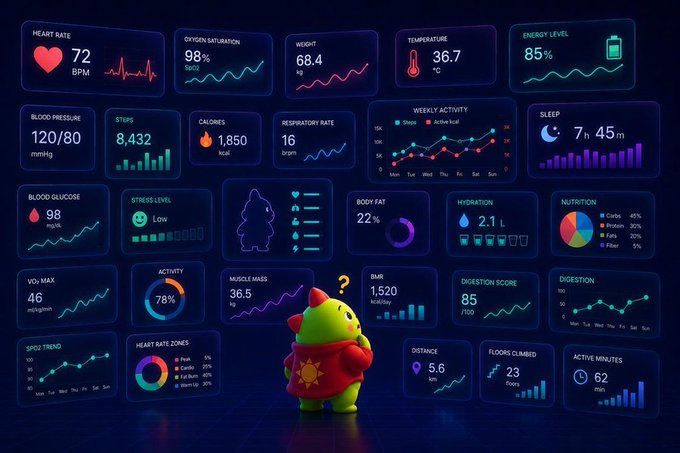 A digital dashboard displaying various health metrics including heart rate (72 BPM), oxygen saturation (98%), weight (68.4 kg), and sleep data, with a small dinosaur figurine in the foreground.