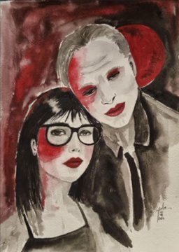 A watercolor portrait of two figures—a dark-haired woman wearing glasses and a pale-skinned man with red accents on their faces and a dramatic red background—painted in an expressionistic style and signed "Shaqhayeq '23" in the corner, matching the featured artist from the post's promotion of their artwork collection on objkt.com.