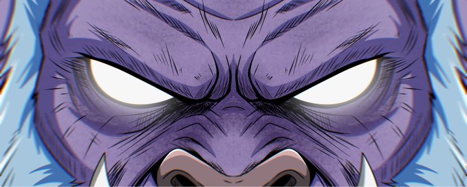 Close-up of a blue-furred, purple-skinned anime character with an angry, intense expression and glowing white eyes.