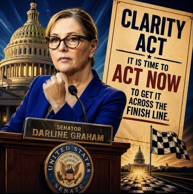 Senator Darline Graham stands at a podium bearing the United States Senate seal, with a bold poster behind her reading "CLARITY ACT - IT IS TIME TO ACT NOW TO GET IT ACROSS THE FINISH LINE" as the U.S. Capitol building looms in the background, reinforcing her urgent call for an immediate Senate floor vote on the legislation.
