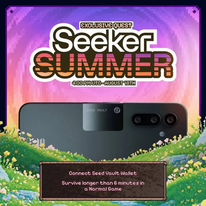 Pixel art promotional banner for "Seeker Summer" exclusive quest, featuring a phone with a "SEED VAULT" wallet and instructions to "Connect Seed Vault Wallet" and "Survive longer than 8 minutes in a Normal Game" at 4:00 PM UTC on August 18th.