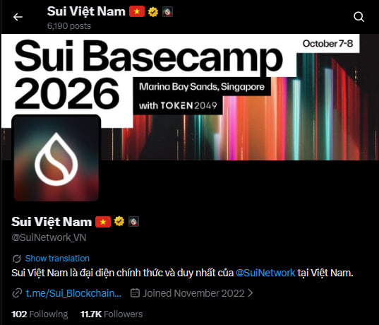 Screenshot of the official 'Sui Việt Nam' Twitter/X profile promoting 'Sui Basecamp 2026' event at Marina Bay Sands, Singapore.