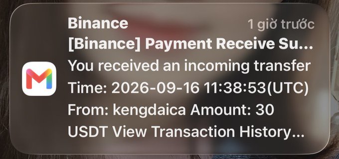 A Binance notification showing 'You received an incoming transfer' with Time: 2026-09-16 11:38:53(UTC), From: kengdaica Amount: 30 USDT.
