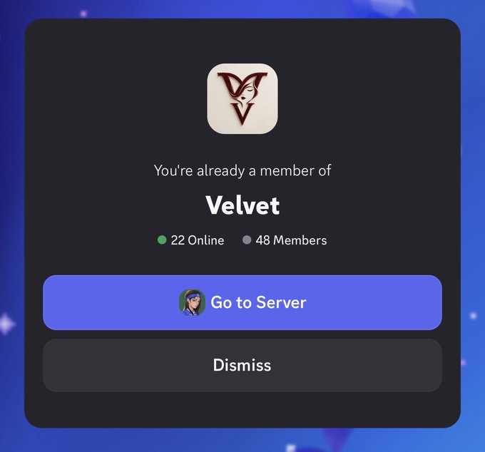 A Discord notification confirms the user is already a member of the "Velvet" server, which has 22 online users and 48 members, with options to "Go to Server" or "Dismiss." The image reflects the "girlz aura money making arc" theme by showing an exclusive server presumably focused on wealth-building or financial advice for women.