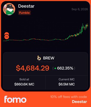 A Fomo app screenshot shows a trader named Deestar selling their $BREW position at an $860.6K market cap, only to watch it surge to a $6.5M current market cap—a 662.35% gain—illustrating the classic "sold too early" fumble referenced in the caption about the spirit of "jeeting."
