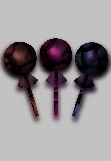 The image shows three stylized lollipops in dark purple, magenta, and deep plum tones against a white background, featuring spherical candy heads and decorative stick wrappings. They visually complement the post's playful, whimsical tone about enjoying a lollipop on a sunny Sunday, with the "Wrapped" caption and Mother Octopus's comment referencing the lollipop's protective wrapping.