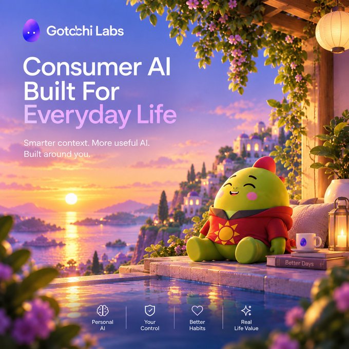 An advertisement for 'Gotcchi Labs' promotes 'Consumer AI Built For Everyday Life' with the tagline 'Smarter context. More useful AI. Built around you.' featuring a green cartoon character in a hoodie, with four feature icons: 'Personal AI', 'Your Control', 'Better Habits', and 'Real Life Value'.